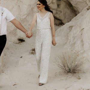 Size 4 Adrianna Papell White Sequin Bridal Jumpsuit